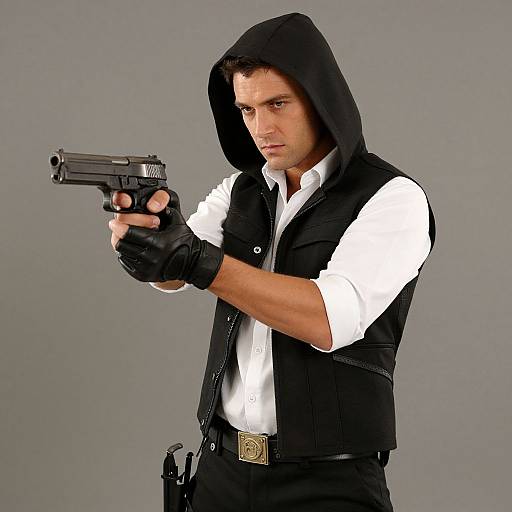 Photograph of a serious, white male with brown hair, hooded black vest, white shirt, black gloves, and belt, aiming a black pistol