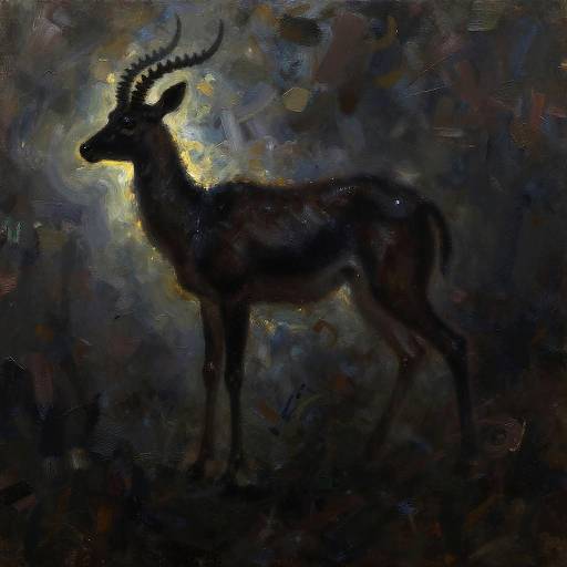 Dark, abstract painting of a silhouetted antelope with glowing horns against a textured, multi-colored background of deep blues, blacks, and subtle