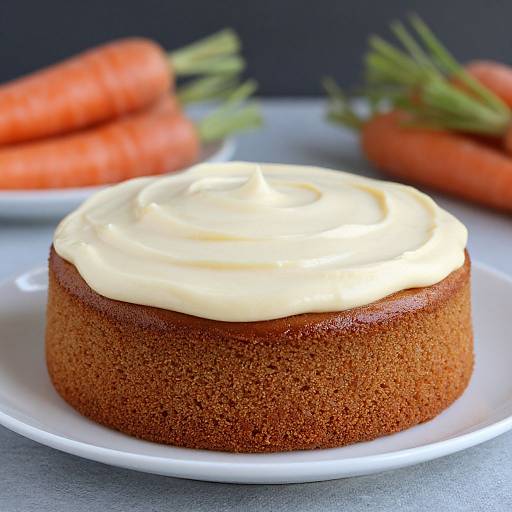 Photograph of a round carrot cake with creamy white frosting on a white plate, surrounded by blurred carrots in the background.
