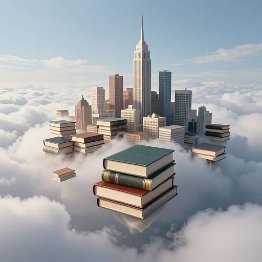 Digital artwork: Stacked books float among fluffy clouds, hovering above a distant cityscape with the Empire State Building center. Bright blue sky above.