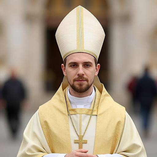 Photograph of a bearded Catholic priest with light skin, wearing a white and gold mitre, cross necklace, and alb, standing outdoors in front