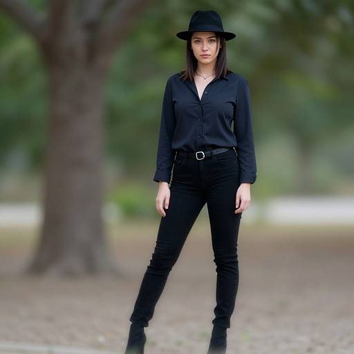 Photograph of a young Asian woman with straight black hair, wearing a black hat, blouse, jeans, and belt, standing confidently in a blurred outdoor