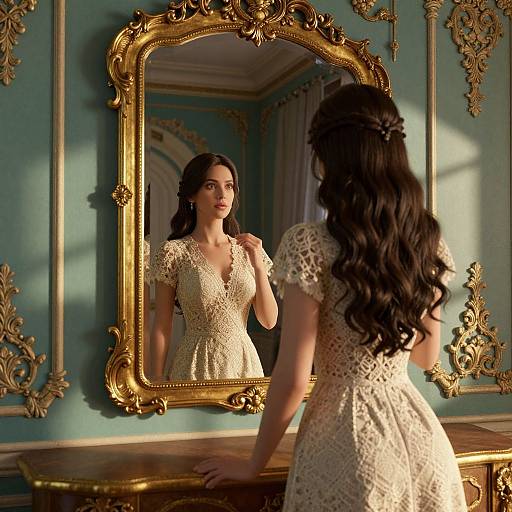 A woman with long, wavy black hair in a lace, white dress gazes at her reflection in an ornate, gold-framed mirror in