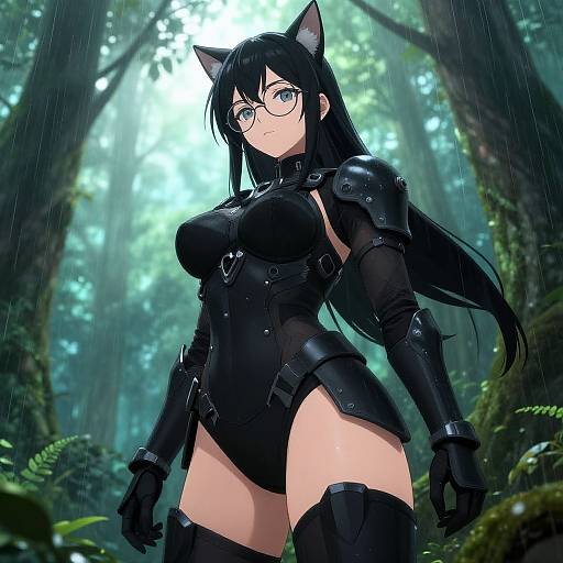 Anime-style digital art of a black-haired, blue-eyed cat-girl warrior with glasses, wearing black armor and thigh-high boots, standing in a rain-so