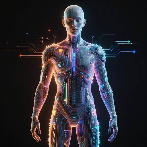 Digital CGI of a bald, humanoid figure with glowing, neon circuitry patterns illuminating its muscular, androgynous body against a dark, futuristic