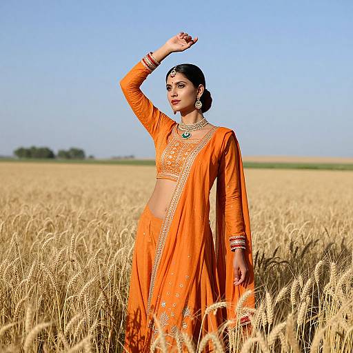 Photograph of an Indian woman in an orange traditional saree with gold embroidery, standing in a golden wheat field under a clear blue sky.
