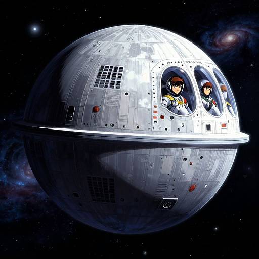 Digital anime-style illustration of a silver spherical space station with two pilots, a boy and girl, in white suits, floating in dark space with stars and