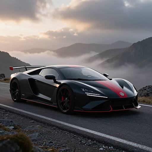 Photograph of a sleek, black Lamborghini Huracán with red accents driving on a mountain road during a misty sunrise.