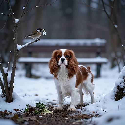Photograph of a brown and white spaniel standing in snowy park, with a bird perched on a snow-covered branch in the foreground. Background includes