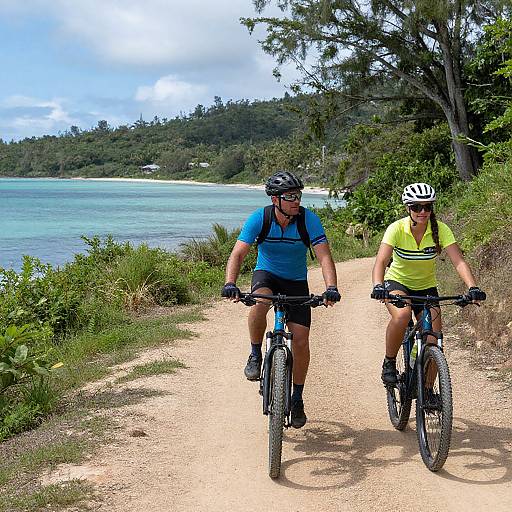 Photograph of two cyclists, a man in blue and a woman in yellow, riding on a sandy path beside a turquoise ocean, with lush greenery