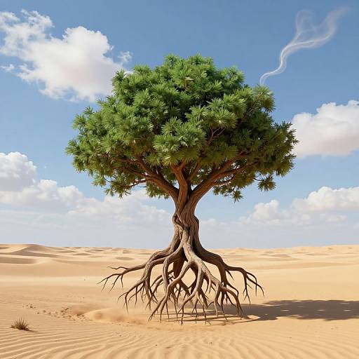 Photorealistic digital artwork of a solitary, leafy tree with exposed roots standing in a bright, sandy desert under a clear blue sky with white clouds