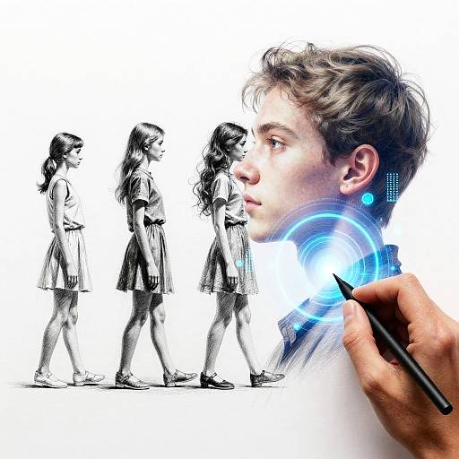 Digital illustration of a man drawing four black-and-white, pencil-drawn girls with glowing blue holographic effects on a white background.