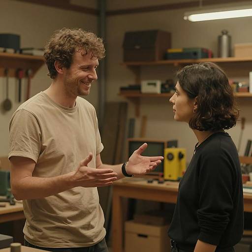 Two People Talking in Workshop