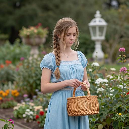 Photograph of a young woman with a braided brown hair, wearing a light blue dress, holding a wicker basket, standing in a colorful,