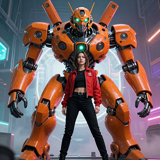 CGI image of a confident woman in a red jacket and black pants standing beside a large, orange, glowing mech robot in a futuristic, neon-l