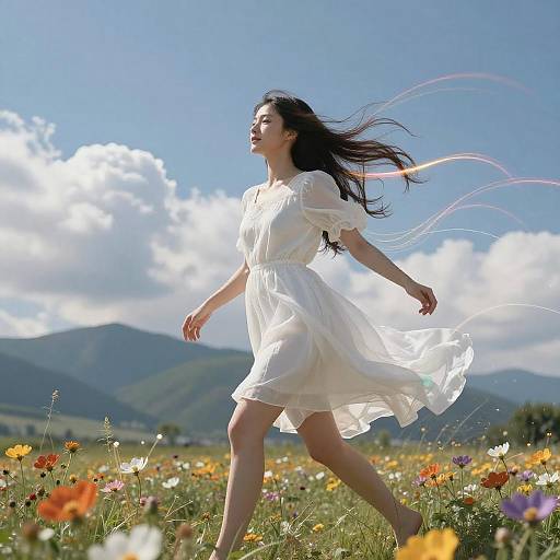 Photorealistic Girl in Mountain Flower Field