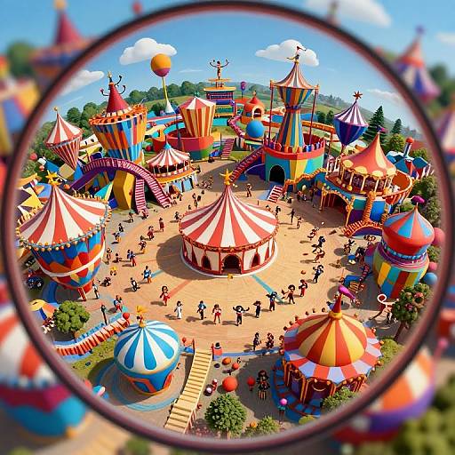 Vibrant circus scene viewed through a circular lens, featuring colorful tents, people, balloons, and bright blue sky with fluffy clouds. Digital illustration with