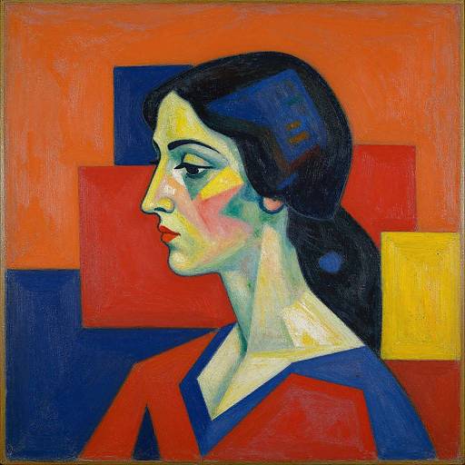 Cubist-style painting of a woman with pale skin, dark hair, red blouse, and profile view, against an abstract red, yellow, and