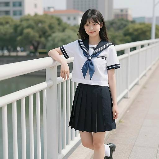 Cheerful Japanese Girl on Sunny Bridge