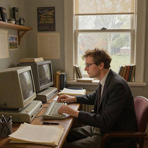Photograph of a middle-aged man with glasses, in a black suit, typing on dual vintage CRT monitors in a cluttered office with a window view