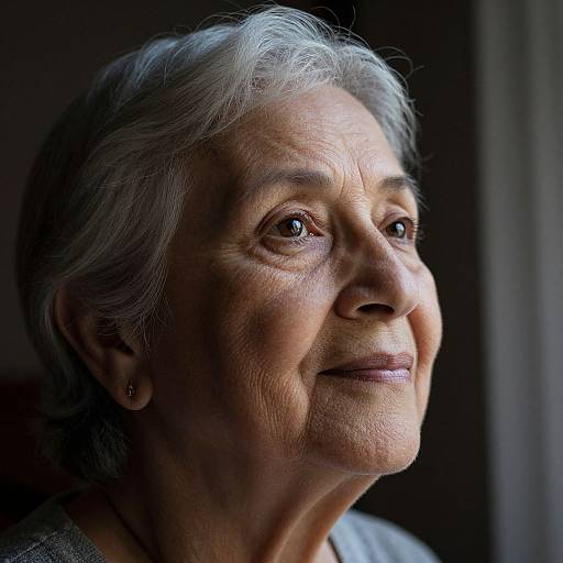 Photograph of an elderly woman with gray hair, wrinkled skin, and deep brown eyes, looking thoughtfully to the side, lit by soft natural