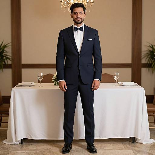 Photograph of a well-groomed South Asian man with short black hair and beard, wearing a black tuxedo with bow tie, standing in