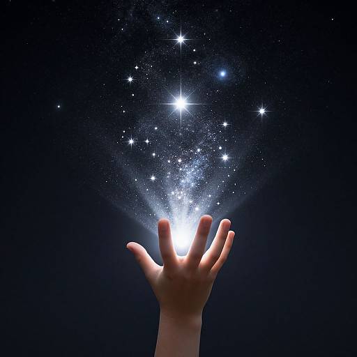 Photograph of a hand with fingers slightly spread, emitting a radiant burst of sparkling stars against a dark blue background.