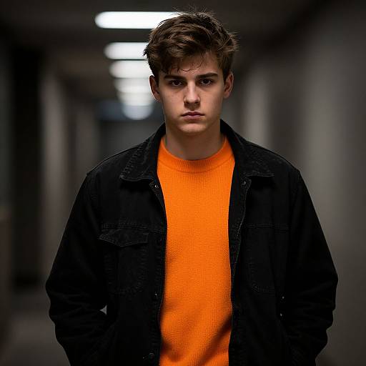 Photograph of a young man with tousled brown hair, wearing a bright orange sweater and black jacket, standing in a dimly lit, narrow hallway
