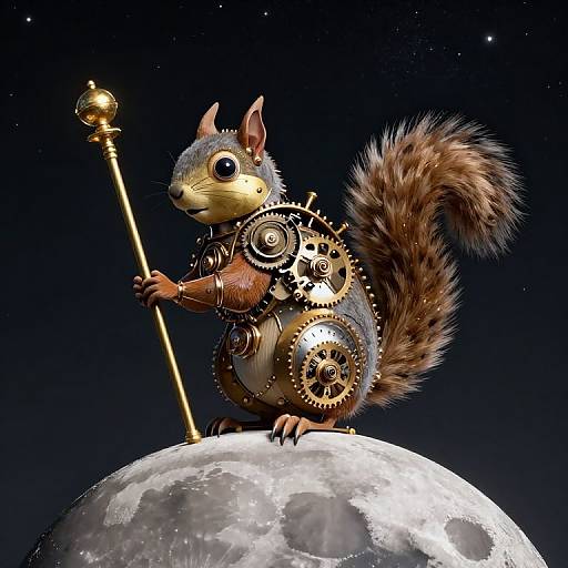 Steampunk squirrel with clockwork armor and golden staff stands on moon, dark starry background. Detailed CGI art.