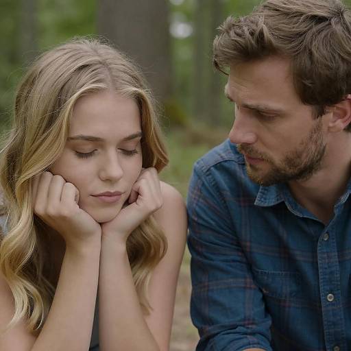 Concerned man comforting woman in forest