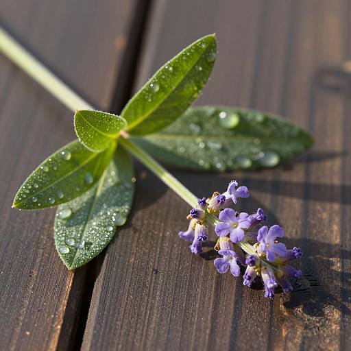 Dew-Covered Leaves and Lavender Flowers on Wood