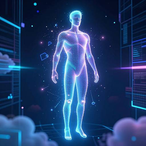 Digital CGI of a glowing blue, wireframe human figure standing in a futuristic, dark blue and purple tech environment. Neon lights and floating icons surround the