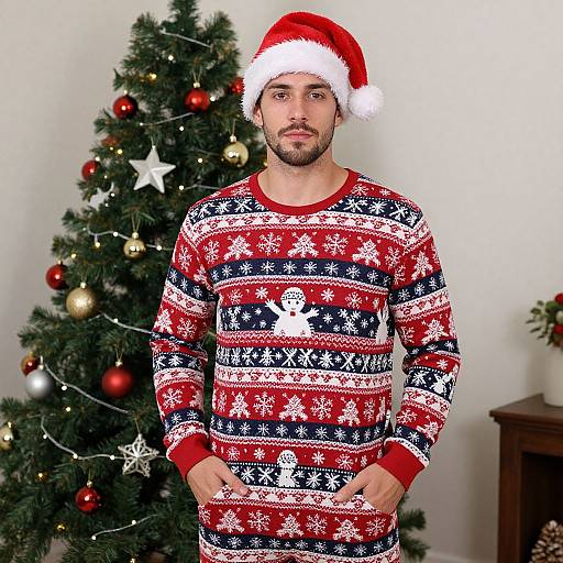 Photograph of a bearded man in a Santa hat and red Christmas sweater with white snowflake patterns, standing in front of a decorated Christmas tree with
