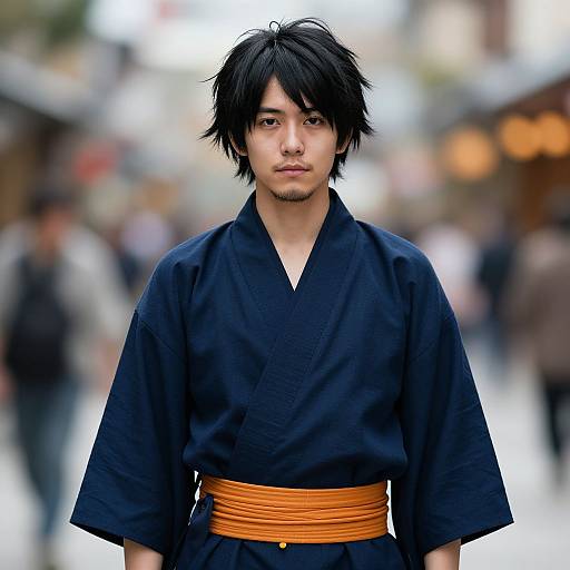 Photograph of an Asian man with black, tousled hair, wearing a black kimono with an orange obi, standing in a blurred, busy