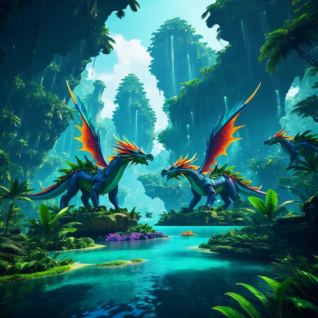 Vibrant Dragon Creatures in Prehistoric Landscape