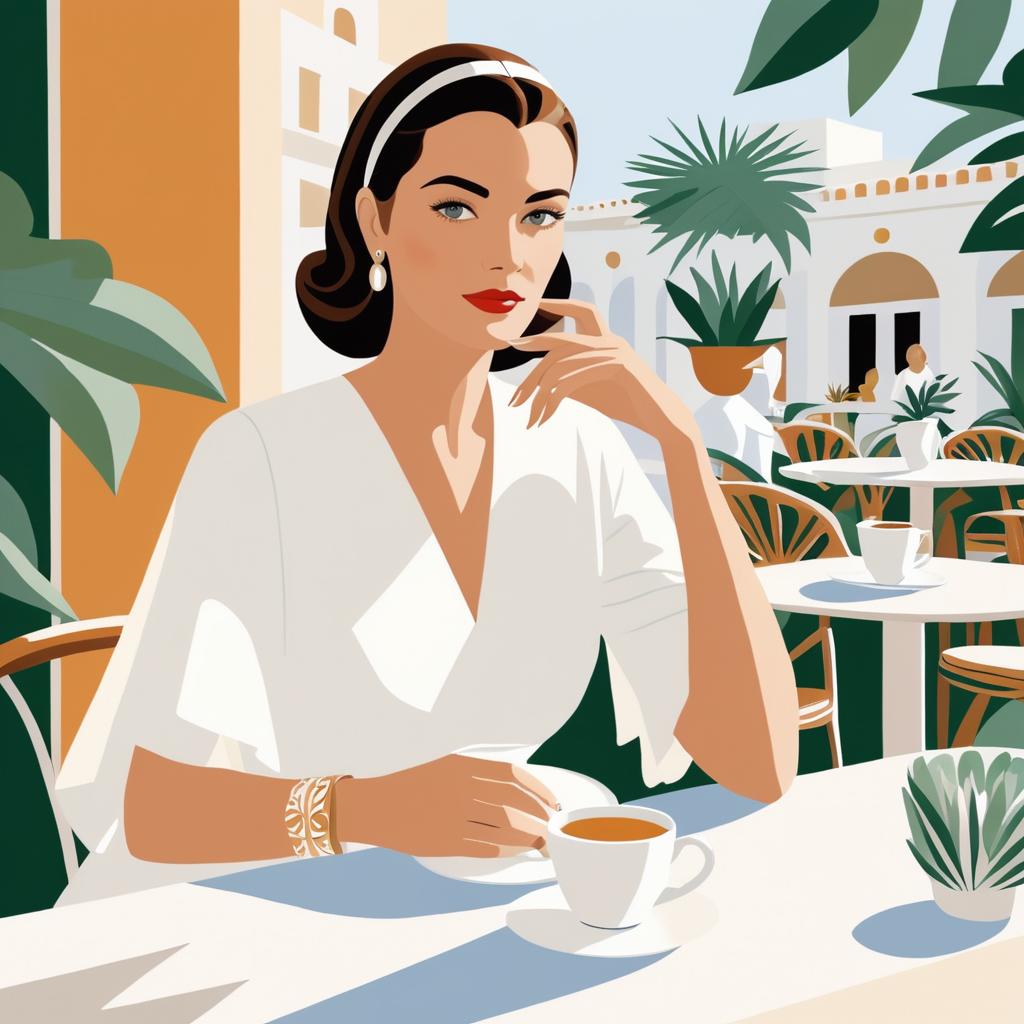 Trendy Woman in Greek-Inspired Cafe