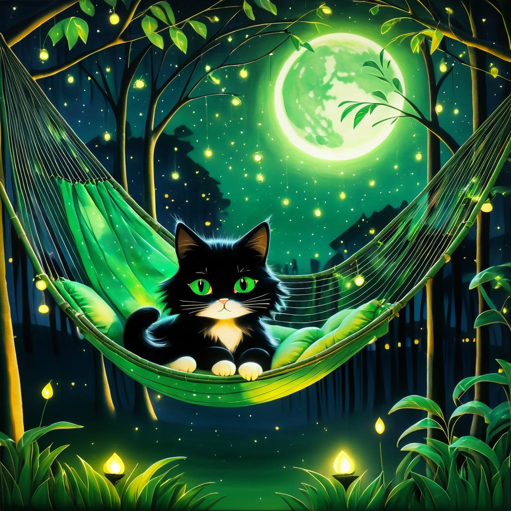 Dreamy Cat in Moonlit Hammock Scene