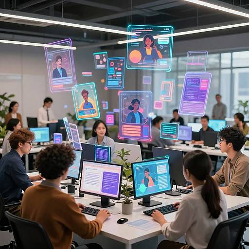 Photograph of a modern office with diverse employees working on laptops, illuminated by holographic portraits and virtual interfaces hovering above. Bright, futuristic workspace with p