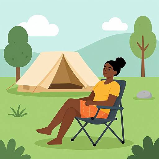 Digital illustration of a dark-skinned woman with a bun, wearing an orange shirt and shorts, relaxing in a chair by a beige tent in a green
