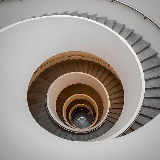 Photograph of a modern, spiral staircase with illuminated white railings, descending into a dark central core. Concrete steps contrast with smooth white walls. Sym