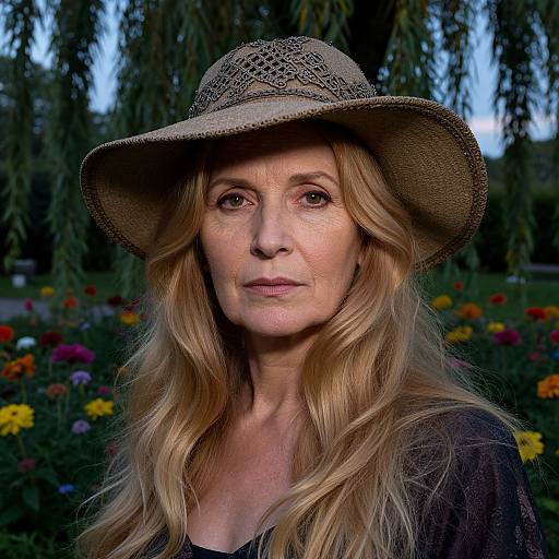 Photograph of a middle-aged blonde woman with wavy hair, wearing a brown lace hat and black top, against a vibrant garden background with colorful flowers