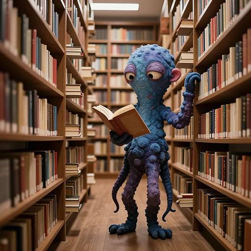 Photorealistic CGI of a blue, tentacled, cartoonish creature with large eyes, reading a book in a dimly lit library aisle.