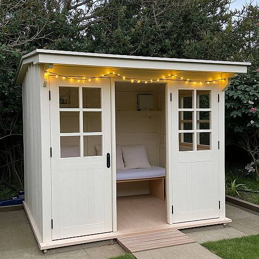 Photograph of a white wooden shed with glass-paneled doors, string lights, a simple bed with white pillows inside, surrounded by greenery.