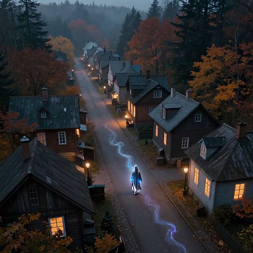 Aerial photograph of a mystical village at dusk, featuring glowing yellow windows, dark wooden houses, a glowing blue figure, and a winding blue light trail