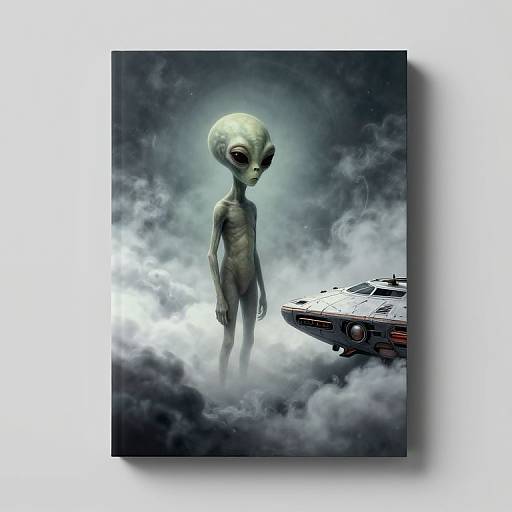 Digital artwork of a green-skinned, alien with large head, standing nude in misty clouds, facing a futuristic spaceship on the right.