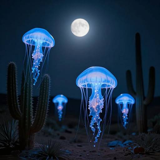 Photograph of glowing blue jellyfish illuminated by a full moon, floating above dark desert cacti, creating a surreal night scene.