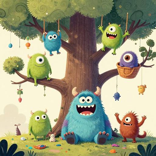 Colorful cartoon illustration of six whimsical, fluffy monsters with one and two eyes, hanging and sitting in a tree, amidst scattered toys and vibrant grass