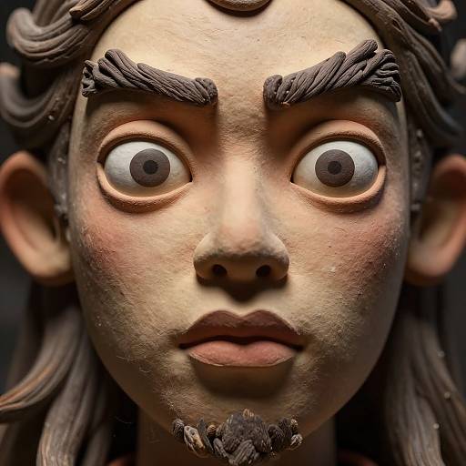 Close-up photograph of a highly detailed, realistic clay sculpture of a wide-eyed, brown-haired, bearded man with thick eyebrows and rosy cheeks,