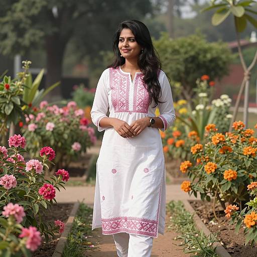 Indian Woman in White Punjabi Dress in Flower Garden