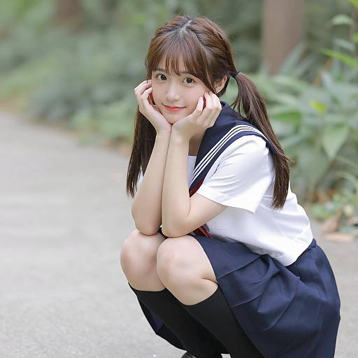 Smiling Asian Girl in Sailor Uniform